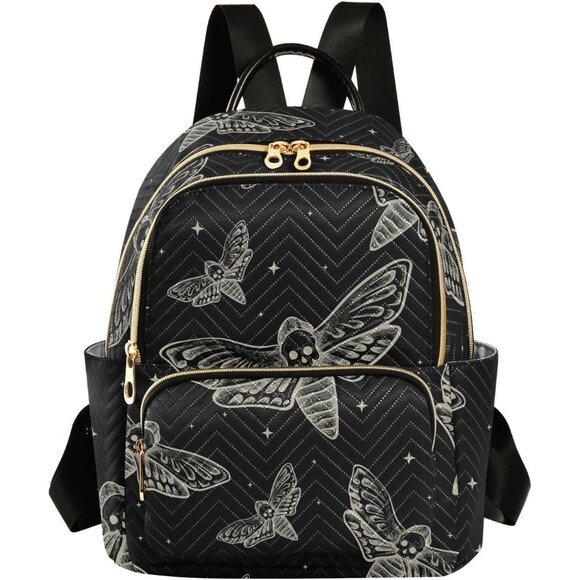Handbags - Black Gothic Skull Butterfly Moth Mini Backpack for Women, Water-Resistant Polye